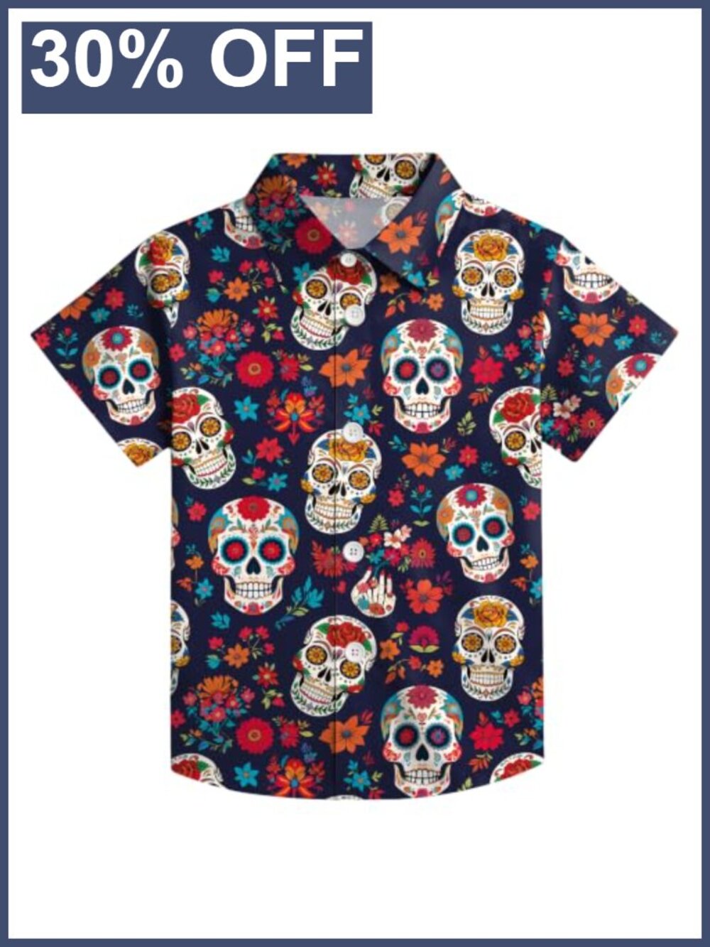Kids Skeleton Button Down Shirt Short Sleeve V-Neck Cuff Sleeve